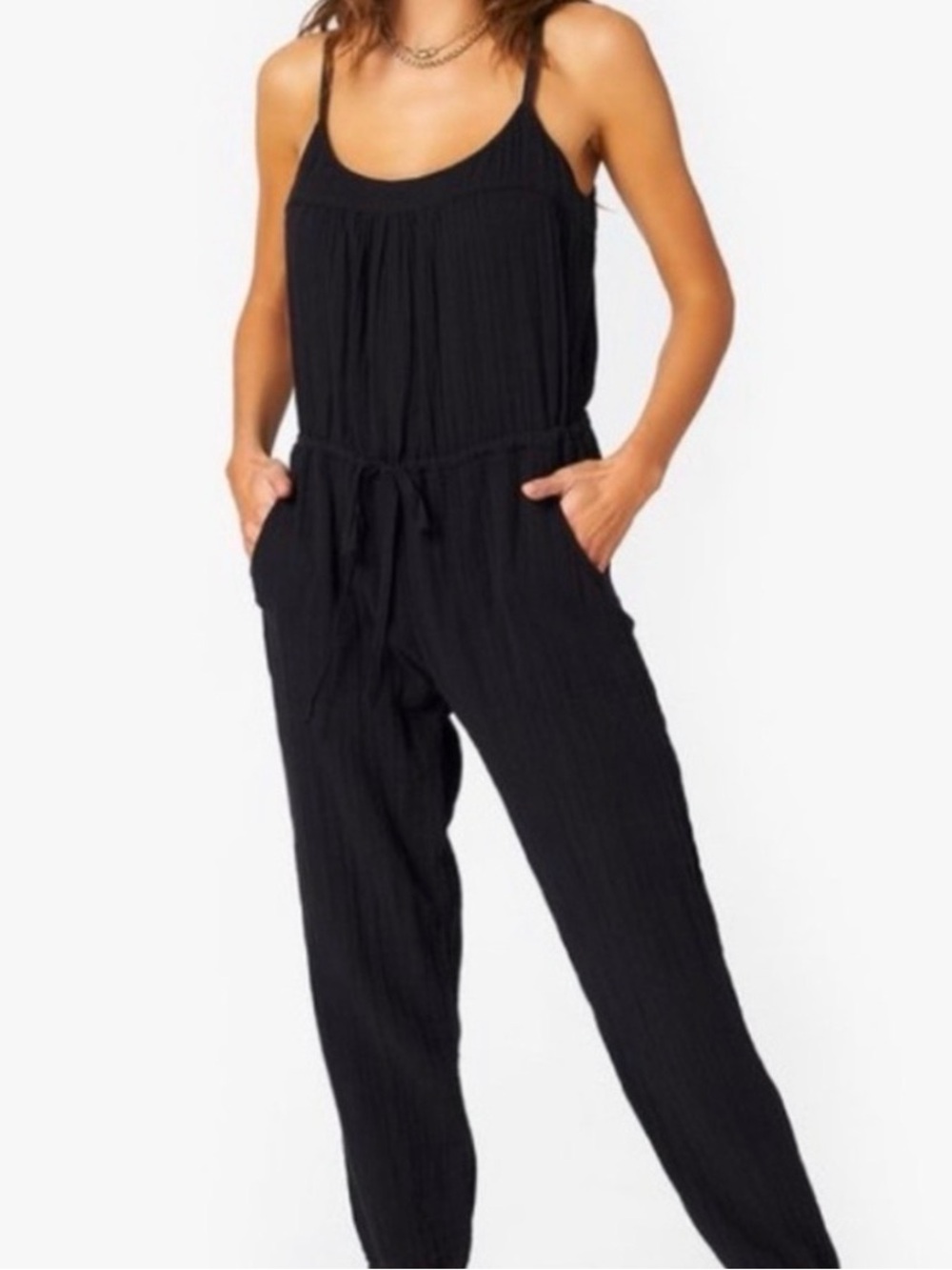Xirena XS Black Gauzy Sleeveless Jumpsuit ~ Drawstring Waist Tapered Leg